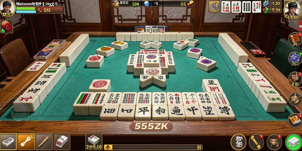 Tangkapan layar gameplay <strong>555ZK</strong> memperlihatkan papan Mahjong yang penuh warna.