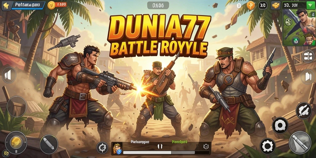Screenshot DUNIA77 menampilkan aksi pertempuran intens di arena Battle Royale.