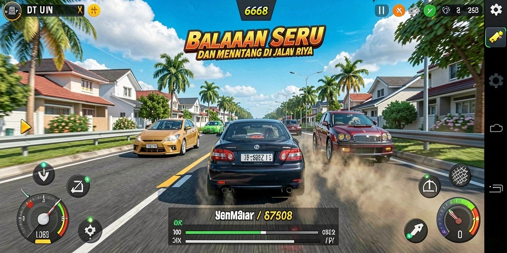 Screenshot dari gameplay G668 yang menunjukkan aksi balapan mendebarkan.