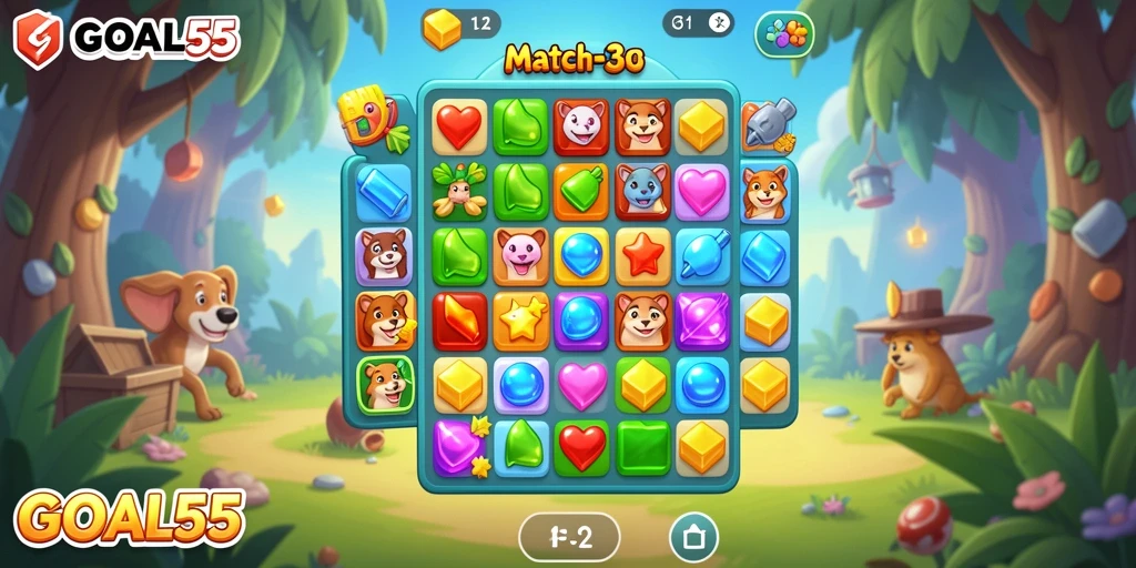 Screenshot gameplay GOAL55 menampilkan aksi Match-3 yang seru.