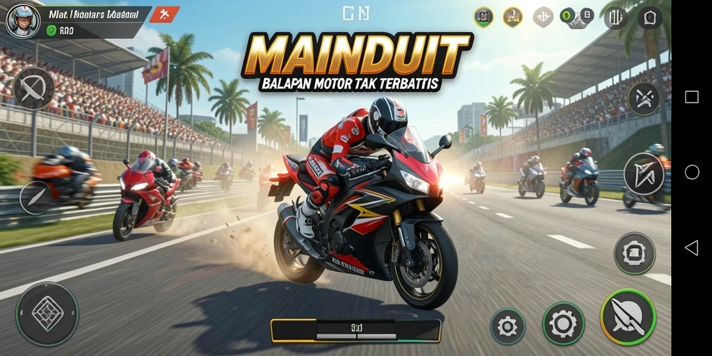 Screenshot MAINDUIT menampilkan aksi balapan motor yang seru dan mendebarkan.