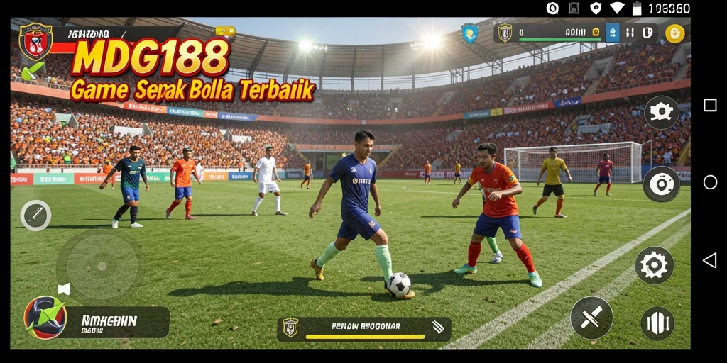 Screenshot gameplay MDG188 dengan aksi menyerang di lapangan sepak bola.