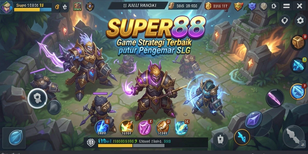 Screenshot utama dari gameplay SUPER88 menunjukkan pertempuran seru antara kerajaan.